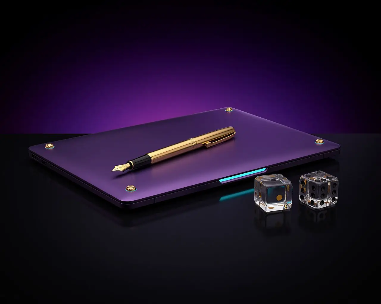 iGaming blog illustration with a notebook, a gold fountain pen and glass dice on a dark desk