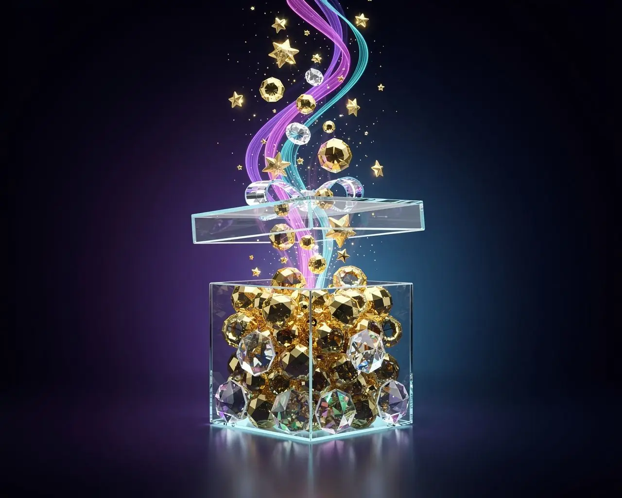 Casino bonus system illustration with a glass gift box releasing gold gems, stars and light ribbons