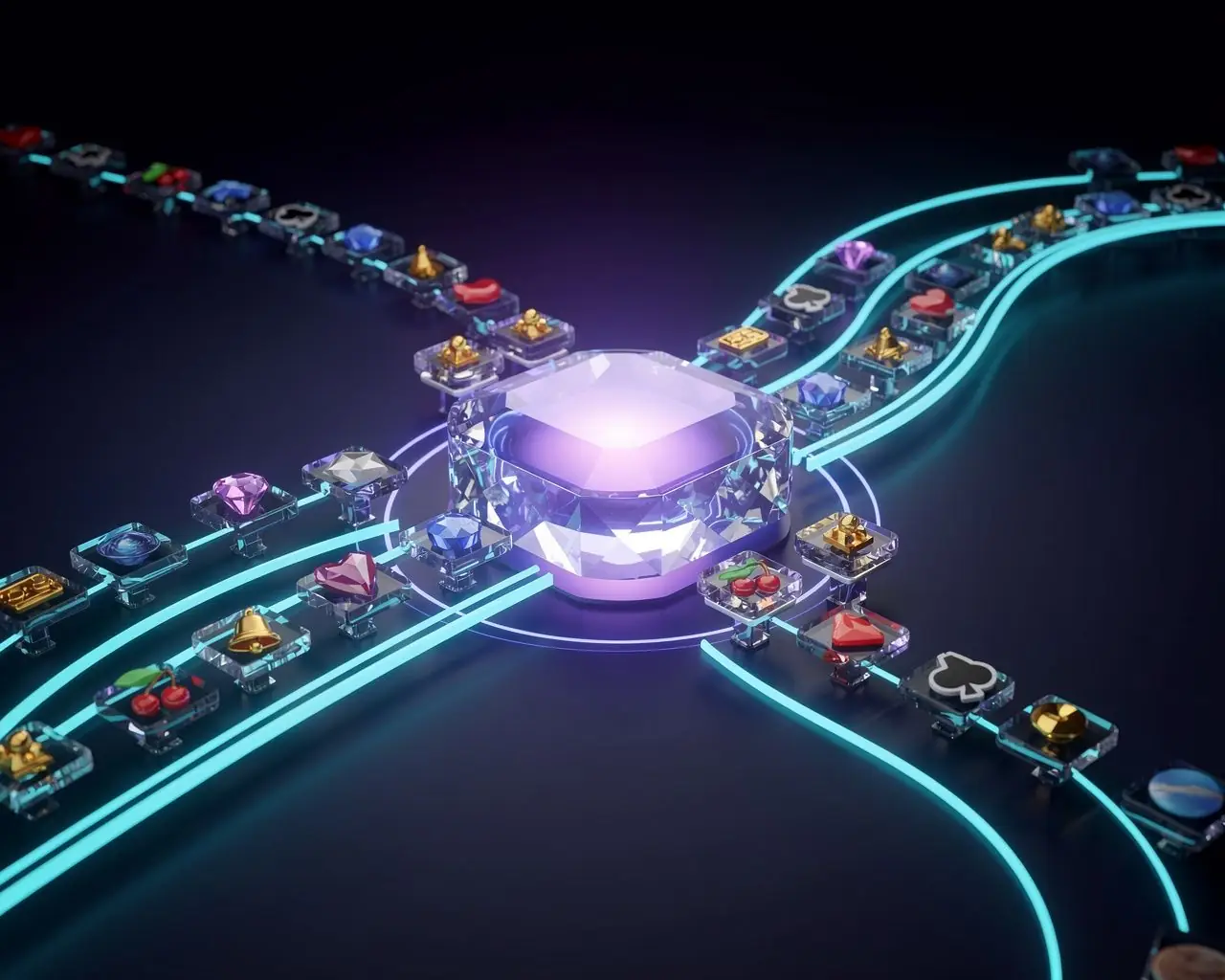 Casino API integration illustration with game tiles streaming along light rails into a single glass connector hub