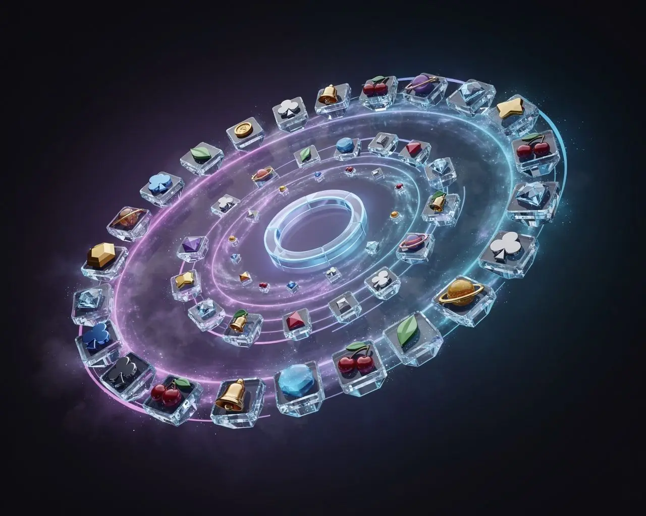 Casino games integration and aggregator illustration with a spiral of game tiles flowing into one platform portal