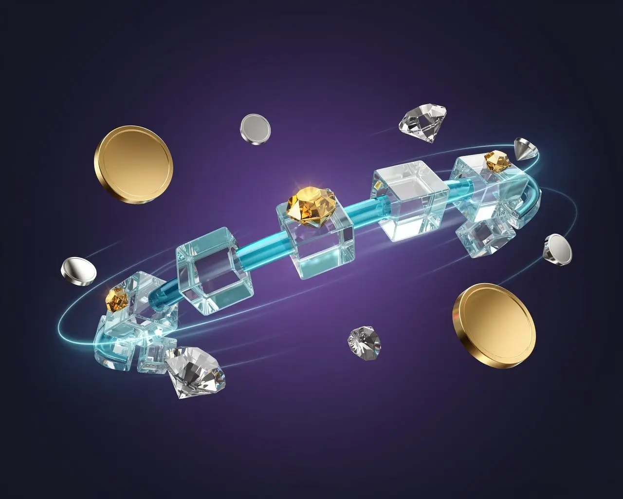 Cryptocurrency payment solution illustration with a chain of glowing glass blocks and orbiting gold discs and gems