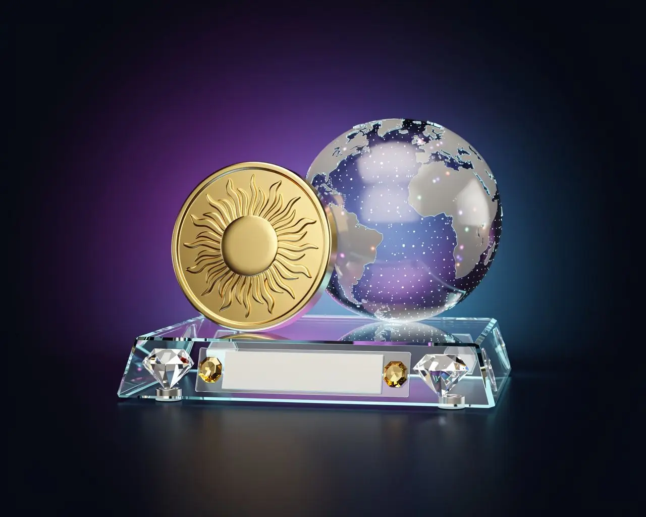 Gambling licensing illustration with a gold seal, a blank glass certificate and a globe of jurisdictions